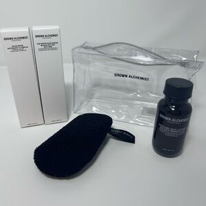 Grown Alchemist Skincare Collection with clear bag and cleansing sponge
